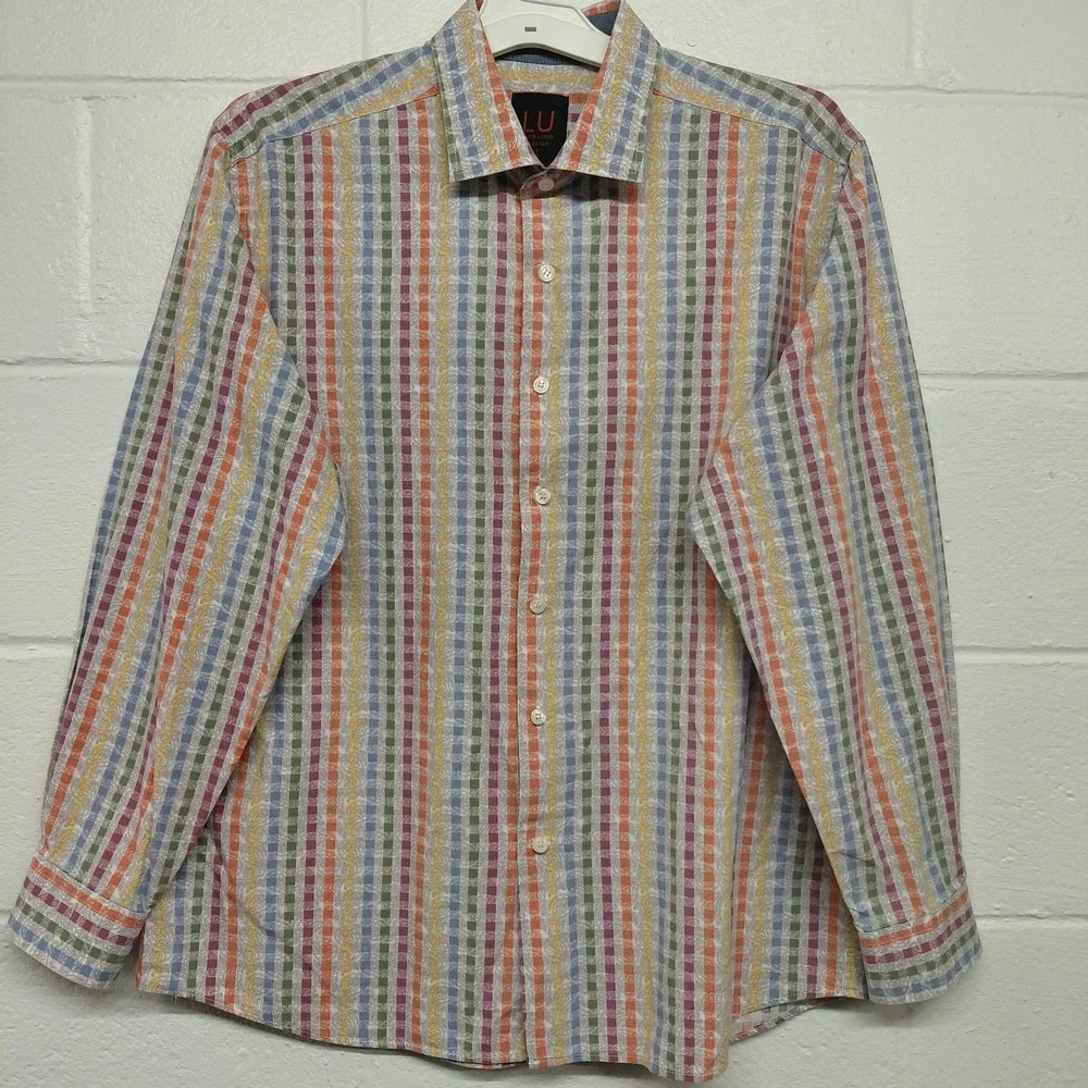 Linea Uomo Button Up Shirt Mens XL Paisley Mutil Color Stripe Long Sleeve Collar